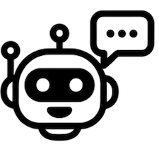 Simple line-art icon of a robot/chatbot head with a speech bubble containing three dots, representing a conversation in progress.