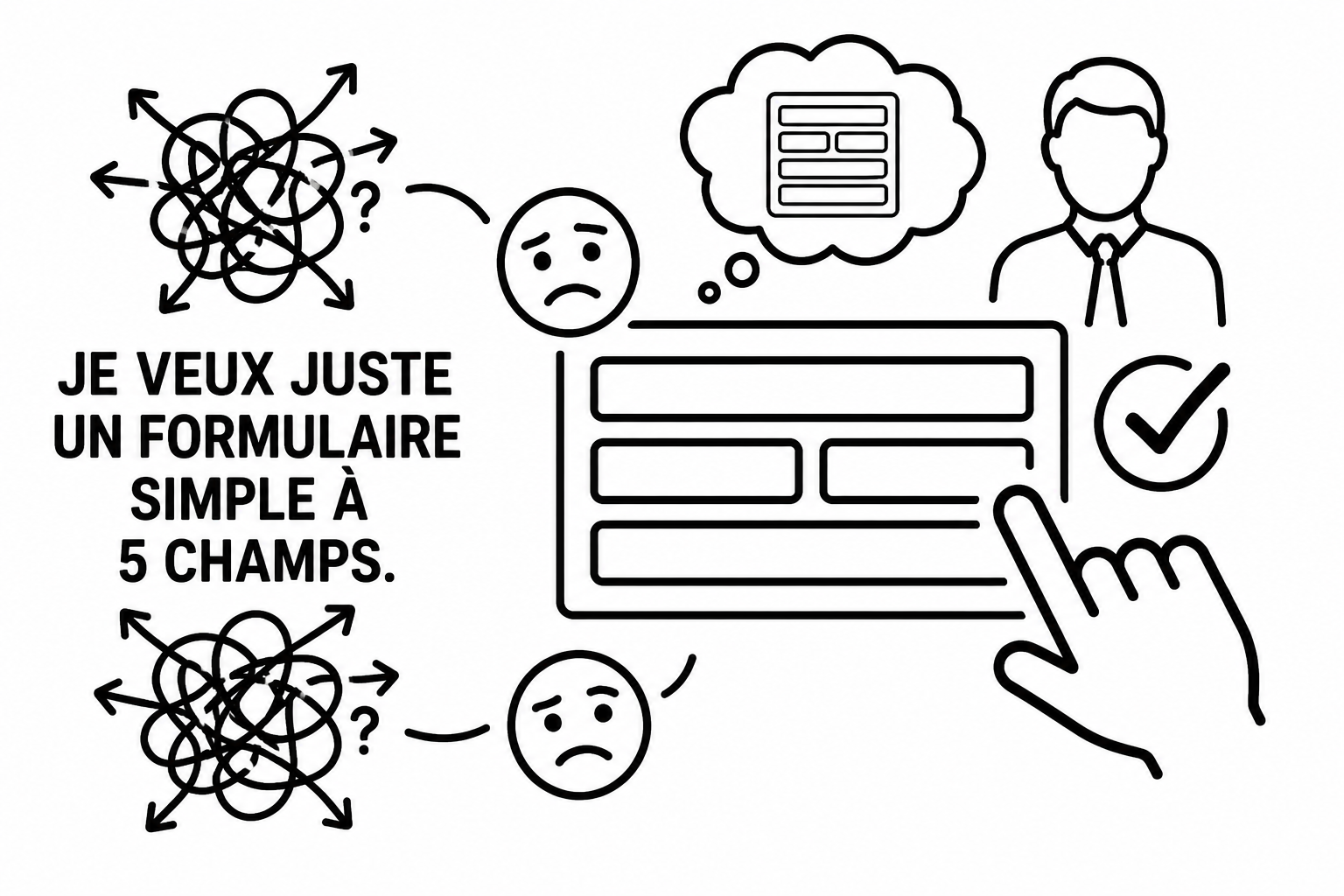Icône en traits simples d'une personne avec une bulle de pensée contenant un formulaire, encadrée de deux gribouillis emmêlés accompagnés de points d'interrogation et de visages mécontents. Le texte dit : « Je veux juste un formulaire simple à 5 champs. » Une main touche un formulaire épuré marqué d'un crochet.