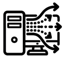Simple line-art icon of a desktop computer tower and monitor with multiple arrows and dotted lines branching outward in different directions, representing information flowing or scattering out to many places.
