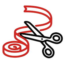 Simple line-art icon of a pair of scissors cutting a coiled red ribbon, representing cutting through red tape or unnecessary complexity.