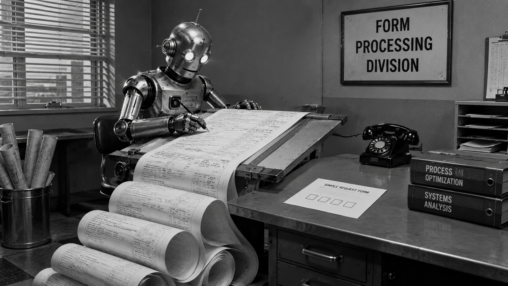 Black-and-white retro-style photograph of a robot at a desk, diligently filling out an endless paper form that unrolls off the desk and coils onto the floor. Beside it sits a small, untouched "Simple Request Form" with just four boxes. A wall sign reads "Form Processing Division." Vintage office details include venetian blinds, rolled blueprints, a rotary phone, and binders labeled "Process Optimization" and "Systems Analysis."