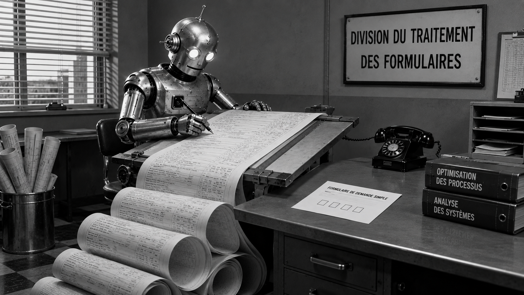 Photographie rétro en noir et blanc d'un robot assis à un bureau, remplissant consciencieusement un formulaire papier interminable qui se déroule du bureau et s'enroule sur le sol. À côté, un petit « Simple Request Form » avec seulement quatre cases reste intact. Une affiche murale indique « Form Processing Division ». Le décor de bureau rétro comprend des stores vénitiens, des plans enroulés, un téléphone à cadran et des reliures portant les mentions « Process Optimization » et « Systems Analysis ».