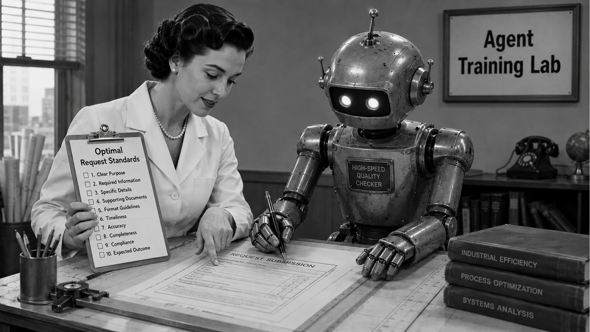 Retro-style illustration of a woman in a lab coat holding a checklist labeled "Optimal Request Standards" next to a robot labeled "High-Speed Quality Checker" in an "Agent Training Lab.