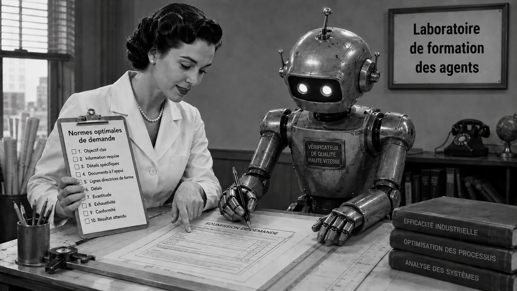 Illustration de style rétro d'une femme en sarrau tenant une liste de vérification intitulée « Normes optimales de la demande », à côté d'un robot portant l'inscription « Vérificateur haute vitesse », dans un « Laboratoire de formation des agents »
