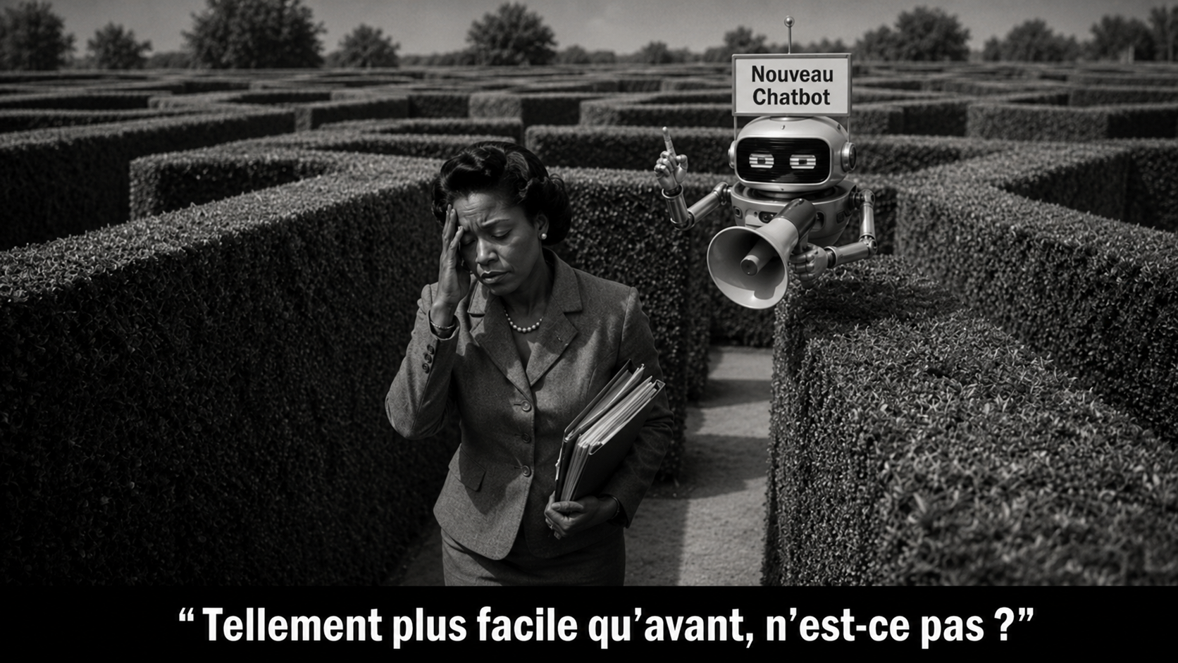 Photographie rétro en noir et blanc d'une femme perdue dans un labyrinthe de haies, tenant une pile de dossiers, la main sur le front en signe de frustration. Un robot portant l'inscription « Nouveau Chatbot » surgit de derrière une haie tout près, pointant vers le haut et tenant un mégaphone. Une légende au bas de l'image indique : « Tellement plus facile qu'avant, n'est-ce pas? »