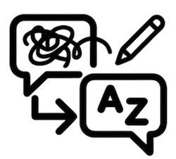 Simple line-art icon of two speech bubbles connected by an arrow: the left bubble contains a tangled scribble, the right bubble contains the letters "A" and "Z," with a pencil above, representing messy text being rewritten into clear language.