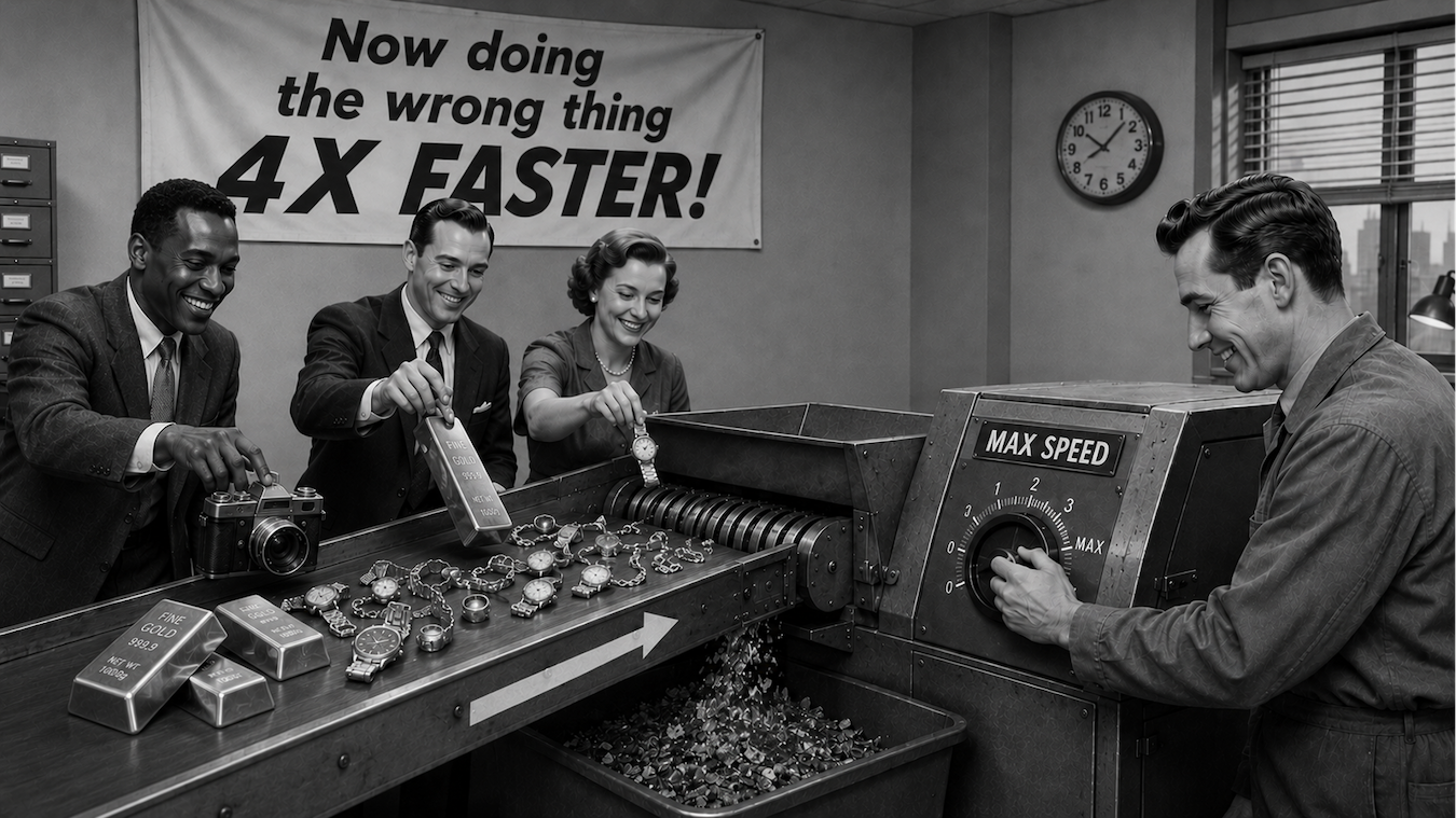 Office workers cheerfully feeding gold bars and watches into an industrial shredder at MAX SPEED, under a banner reading "Now doing the wrong thing 4X FASTER!
