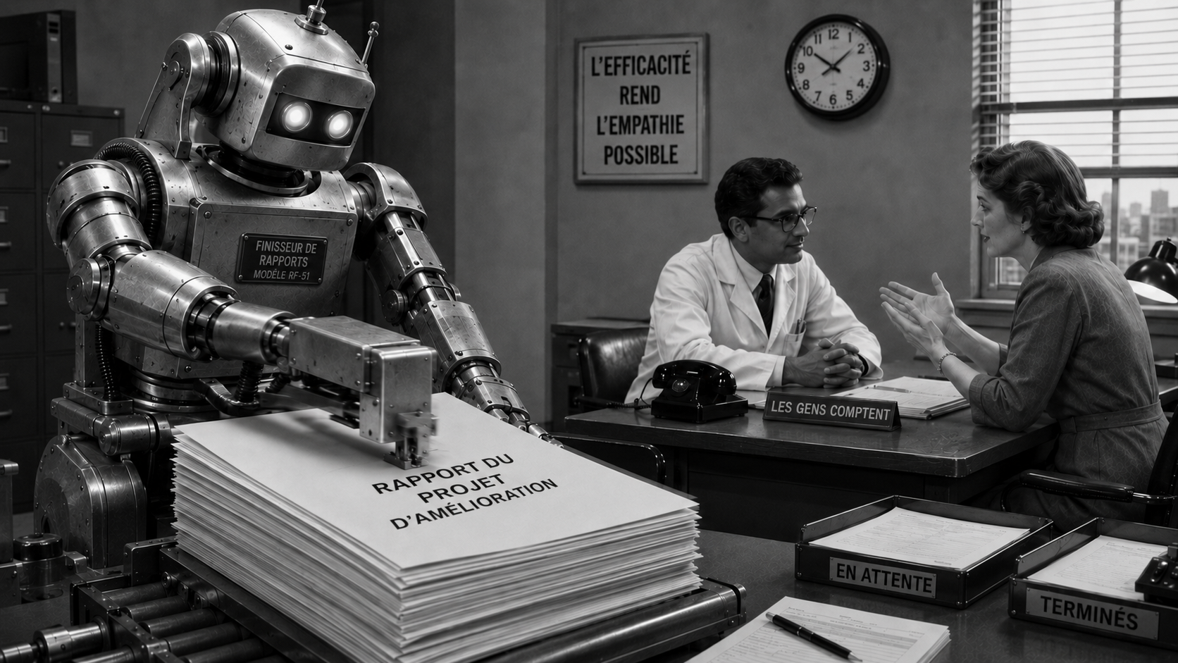 Photo rétro en noir et blanc d'un robot gérant une pile imposante de documents administratifs sur un bureau, sous le regard de deux employés. Une affiche en arrière-plan indique « L'efficacité favorise l'empathie ».
