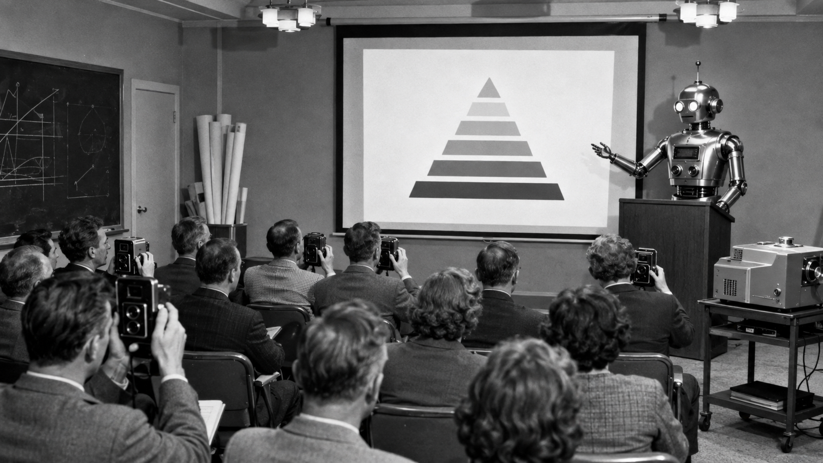 Photographie rétro en noir et blanc d'une salle de conférence bondée. Des rangées de participants assis tiennent des appareils photo à boîtier d'époque, photographiant un écran de projection à l'avant montrant un graphique en forme de pyramide divisé en niveaux ombrés. À côté de l'écran, un robot chromé à tête ronde, aux yeux lumineux et muni d'une antenne, désigne le graphique depuis un podium, près d'un projecteur de diapositives sur un chariot. Un tableau noir couvert de graphiques est visible sur le mur latéral.