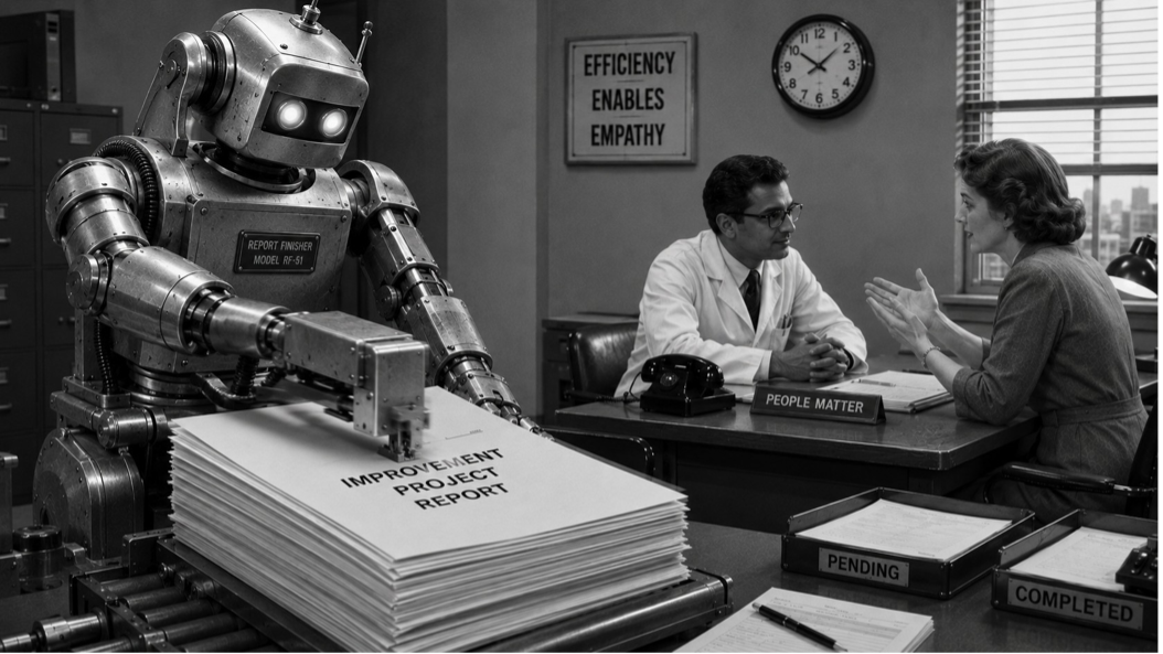 Retro black-and-white photo of a robot handling a towering stack of office paperwork at a government desk, while two workers look on. A sign in the background reads "Efficiency Enables Empathy."