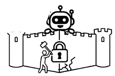 Simple line-art icon of a robot head peeking over a castle wall, while a person below strikes a padlock embedded in a crack in the wall with a hammer, trying to break through.
