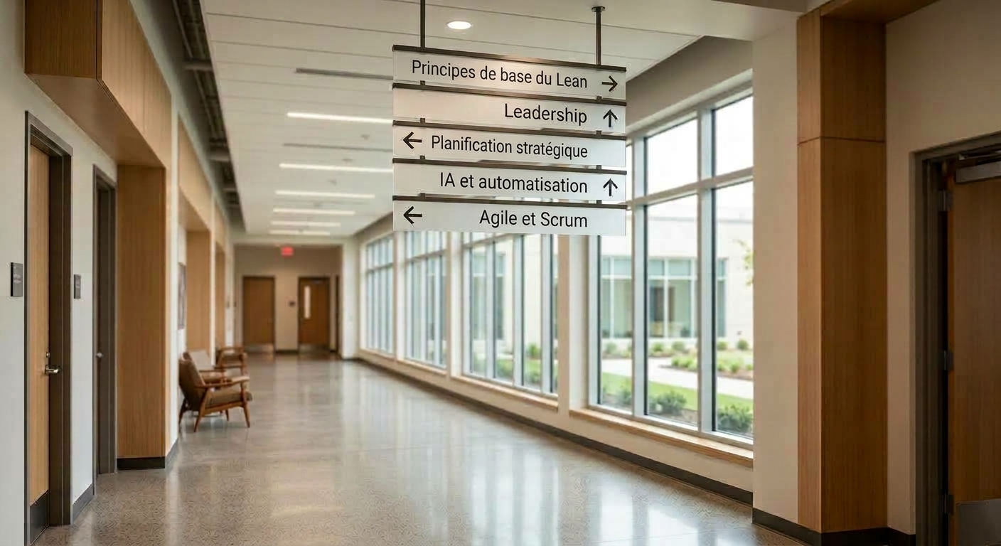 Couloir moderne d'un édifice du secteur public avec de grandes fenêtres donnant sur une cour intérieure. Une enseigne de repérage suspendue au plafond indique cinq directions : Principes de base du Lean, Leadership, Planification stratégique, IA et automatisation et Agile et Scrum.